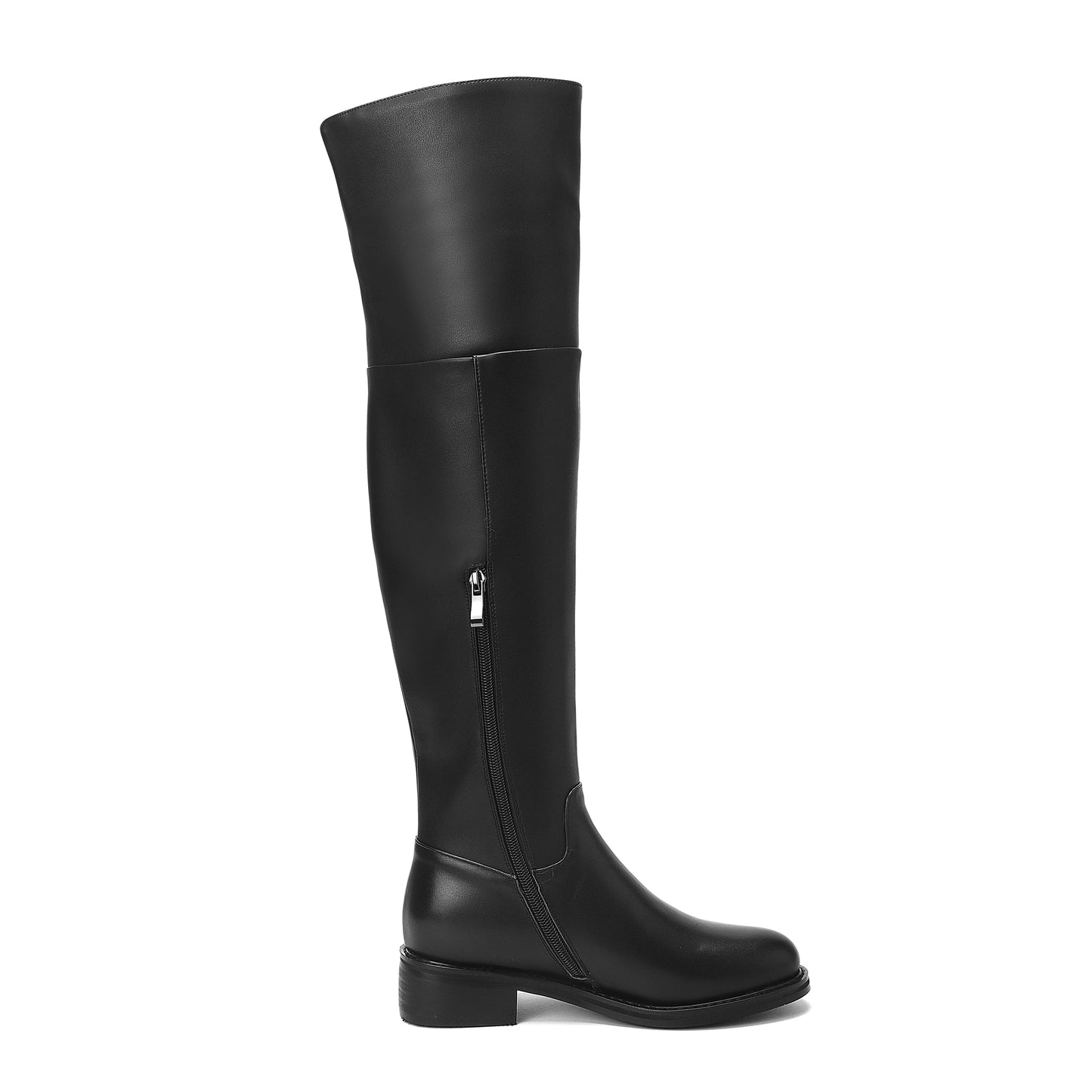 Nine Seven Women's Genuine Leather Round Toe Handmade Half Side Zipper Low Chunky Heel Over Knee Boots