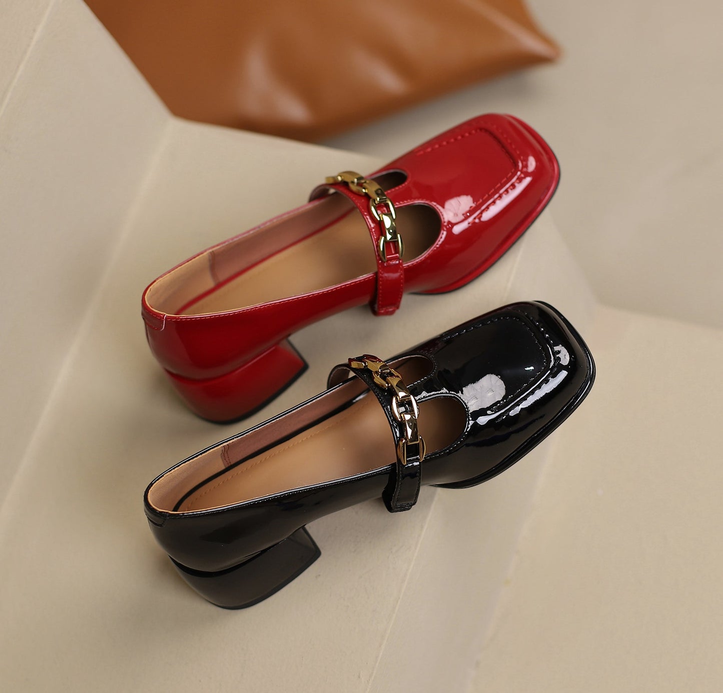 Nine Seven Handmade Women's Patent Leather Chain T-Strap Square Toe Low Chunky Heel Mary Janes Pumps Shoes