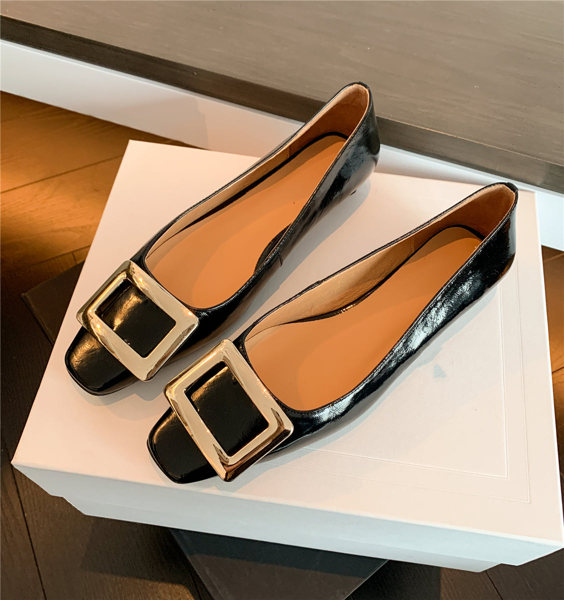 Nine Seven Women's Square Toe Patent Leather Handmade Buckle Comfort Slip On Flat