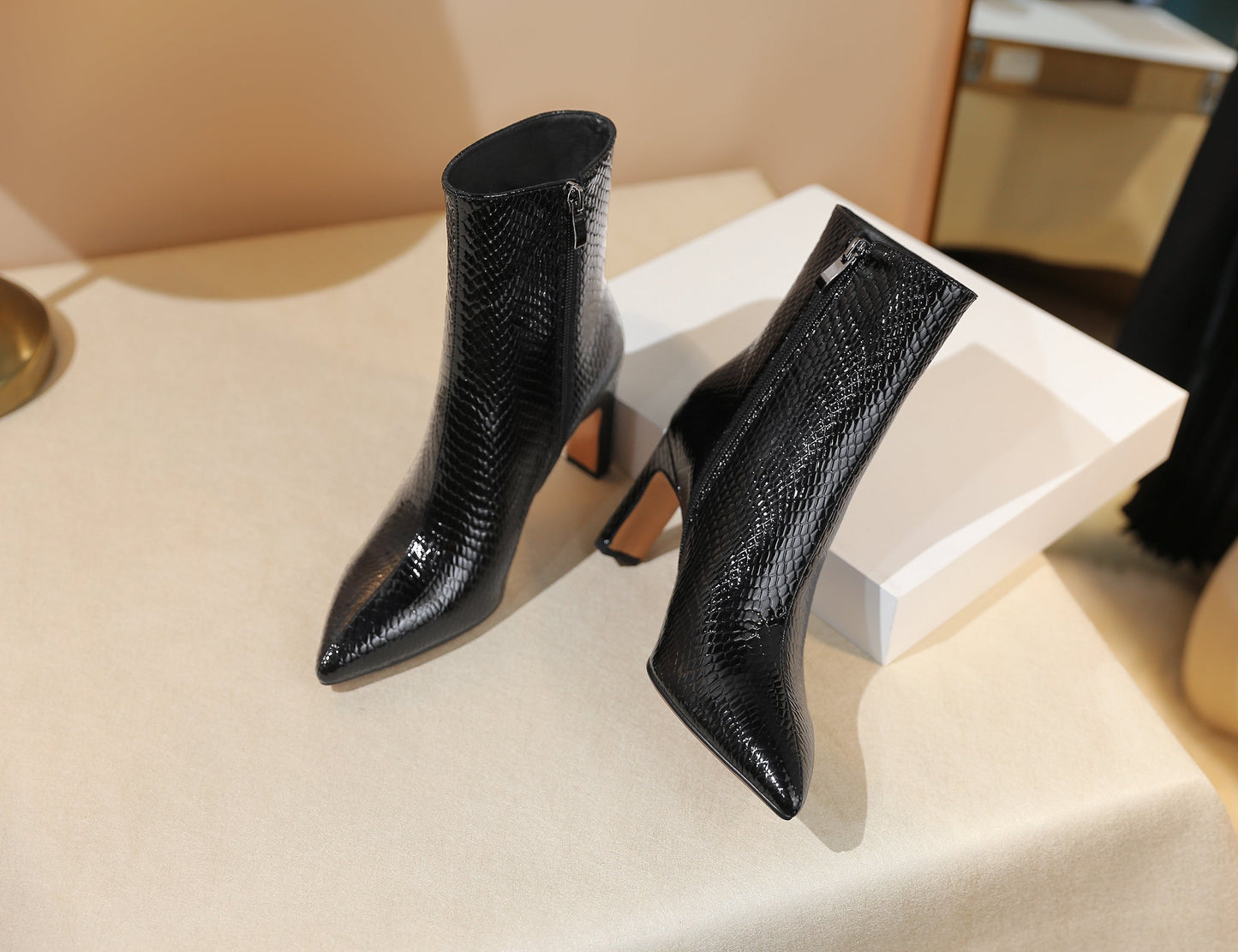Nine Seven Women's Patent Leather Handmade Side Zip Pointed Toe High Chunky Heel Dress Ankle Boots