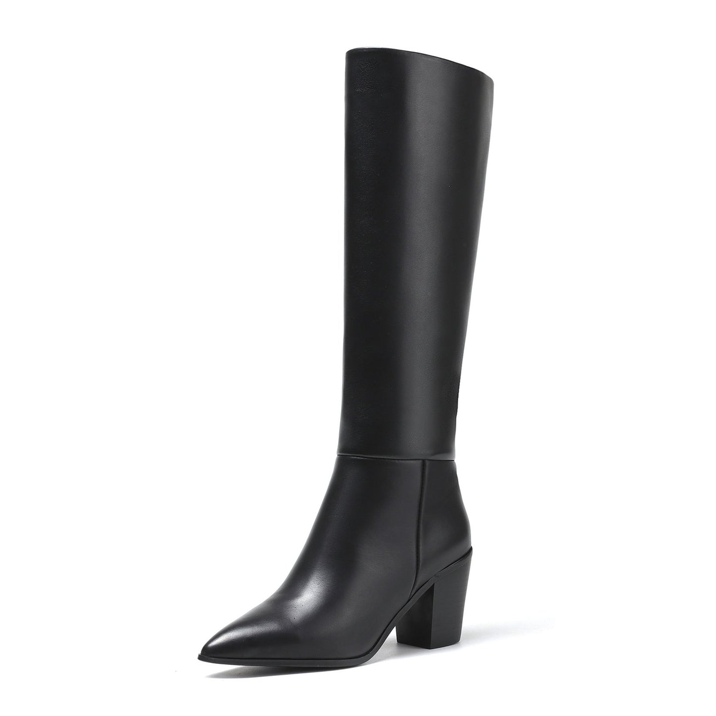 Nine Seven Pointed Toe Genuine Leather Handmade Chunky Heels Slip On Women's Classic Knee High Boots