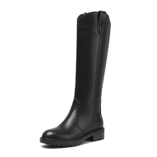 Nine Seven Women's Round Toe Genuine Leather Handmade Low Chunky Heels Stylish Slip On Knee High Boots