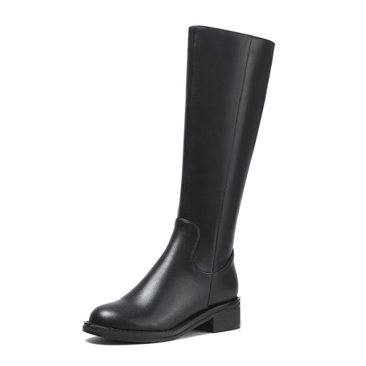 Nine Seven Round Toe Genuine Leather Handmade Side Zipper Comfort Low Chunky Heels Women's Knee High Boots