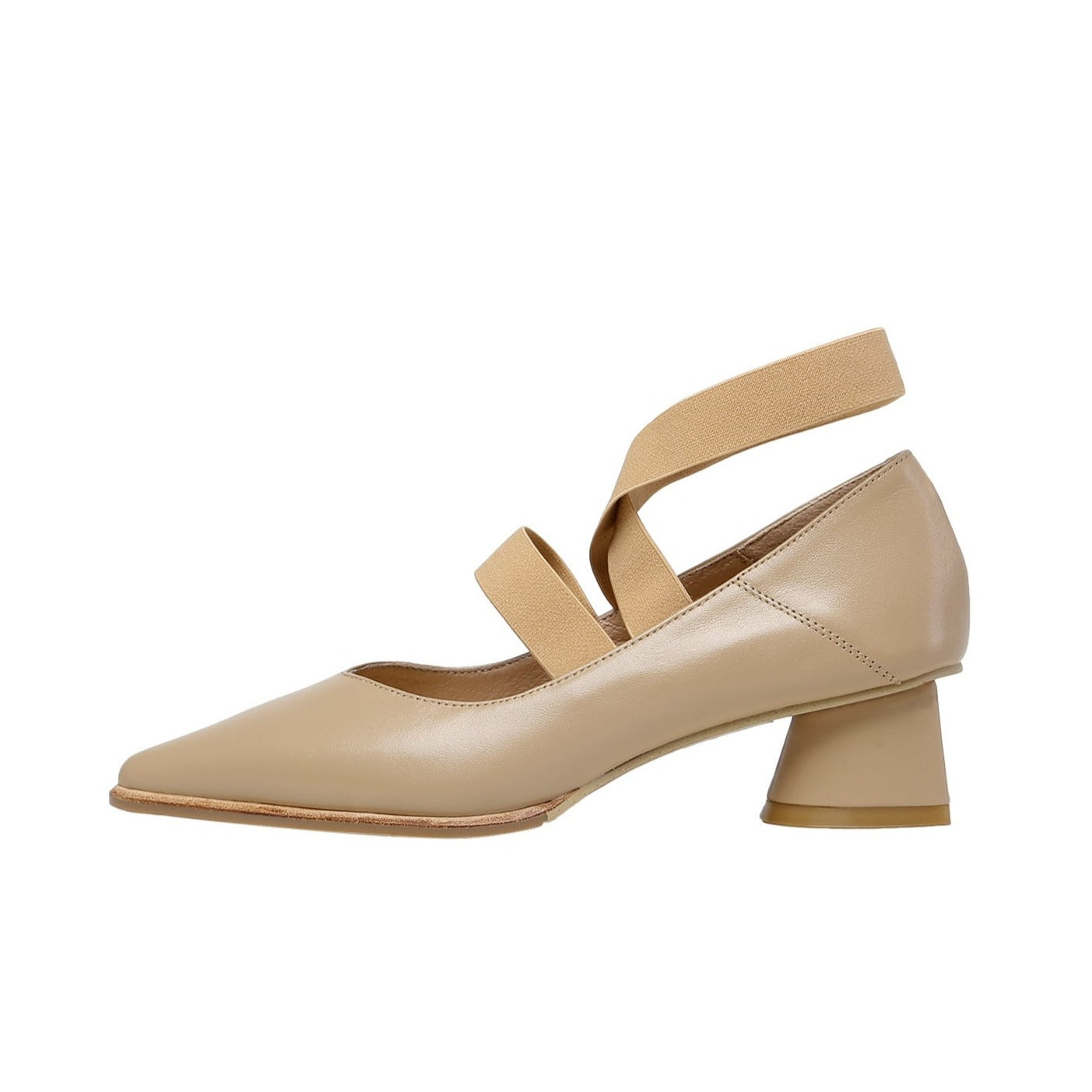 Nine Seven Women's Genuine Leather Pointed Toe Handmade Elastic Band Low Chunky Heel Comfort Pumps Shoes