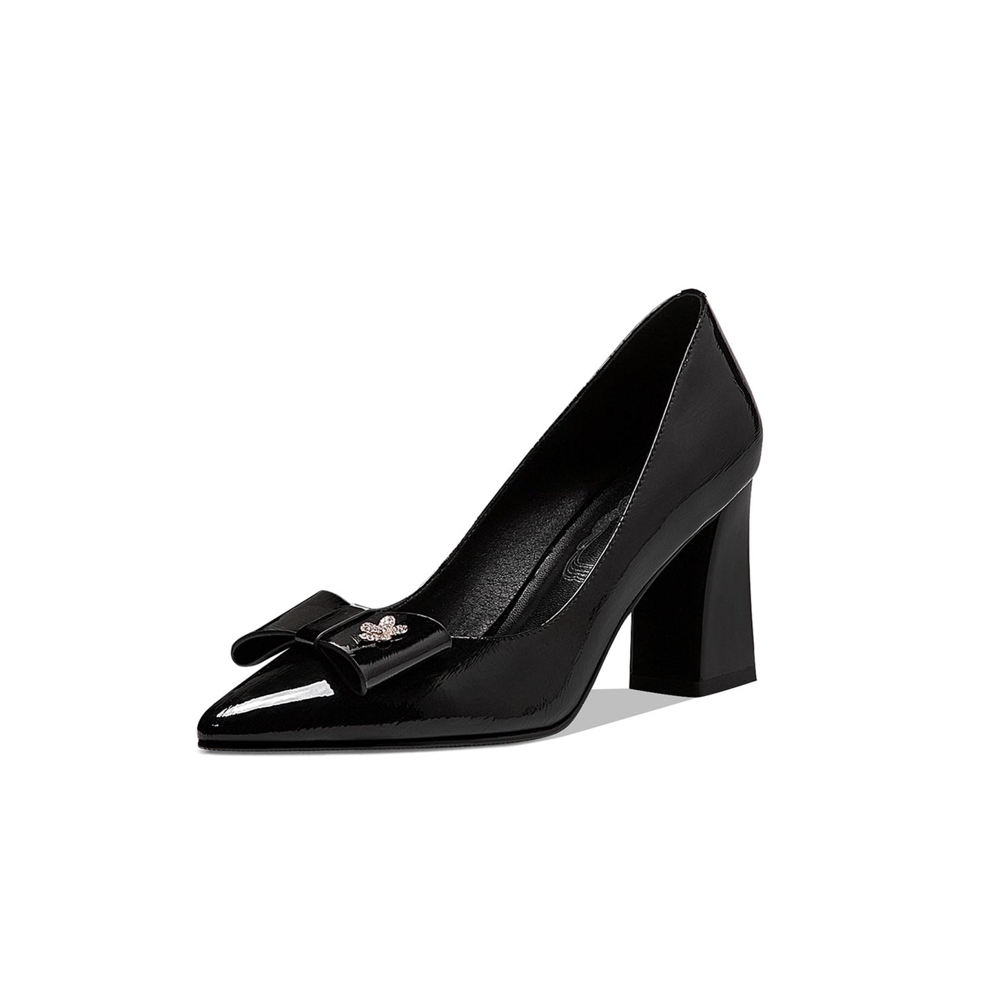 Nine Seven Women's Handmade Glossy Patent Leather Pointed Toe High Block Heel Slip On Modern Pumps with Bowknot and Litter Flower Decor