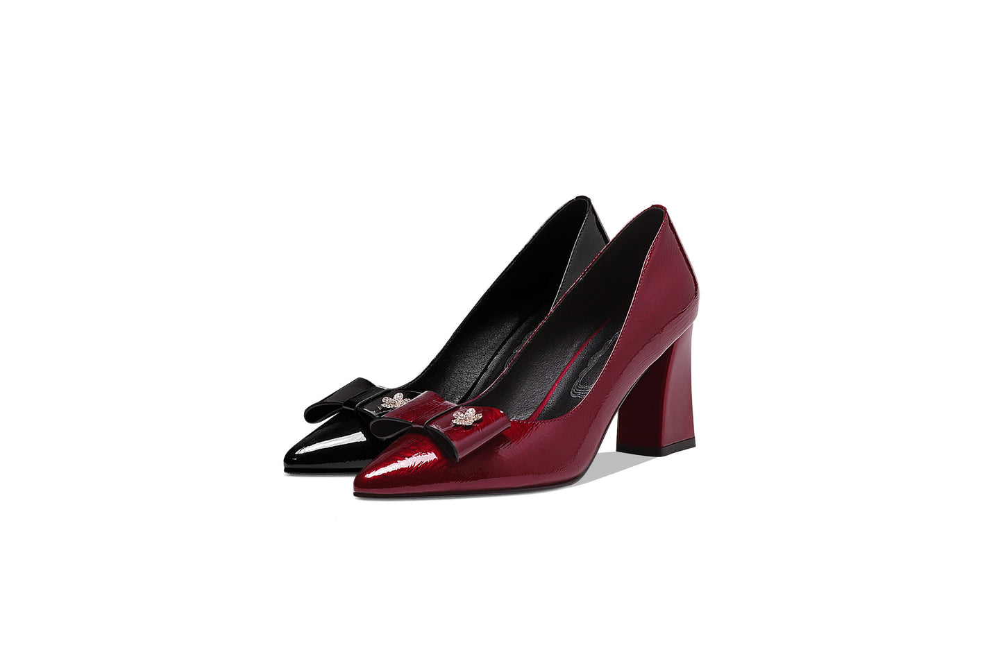 Nine Seven Women's Handmade Glossy Patent Leather Pointed Toe High Block Heel Slip On Modern Pumps with Bowknot and Litter Flower Decor