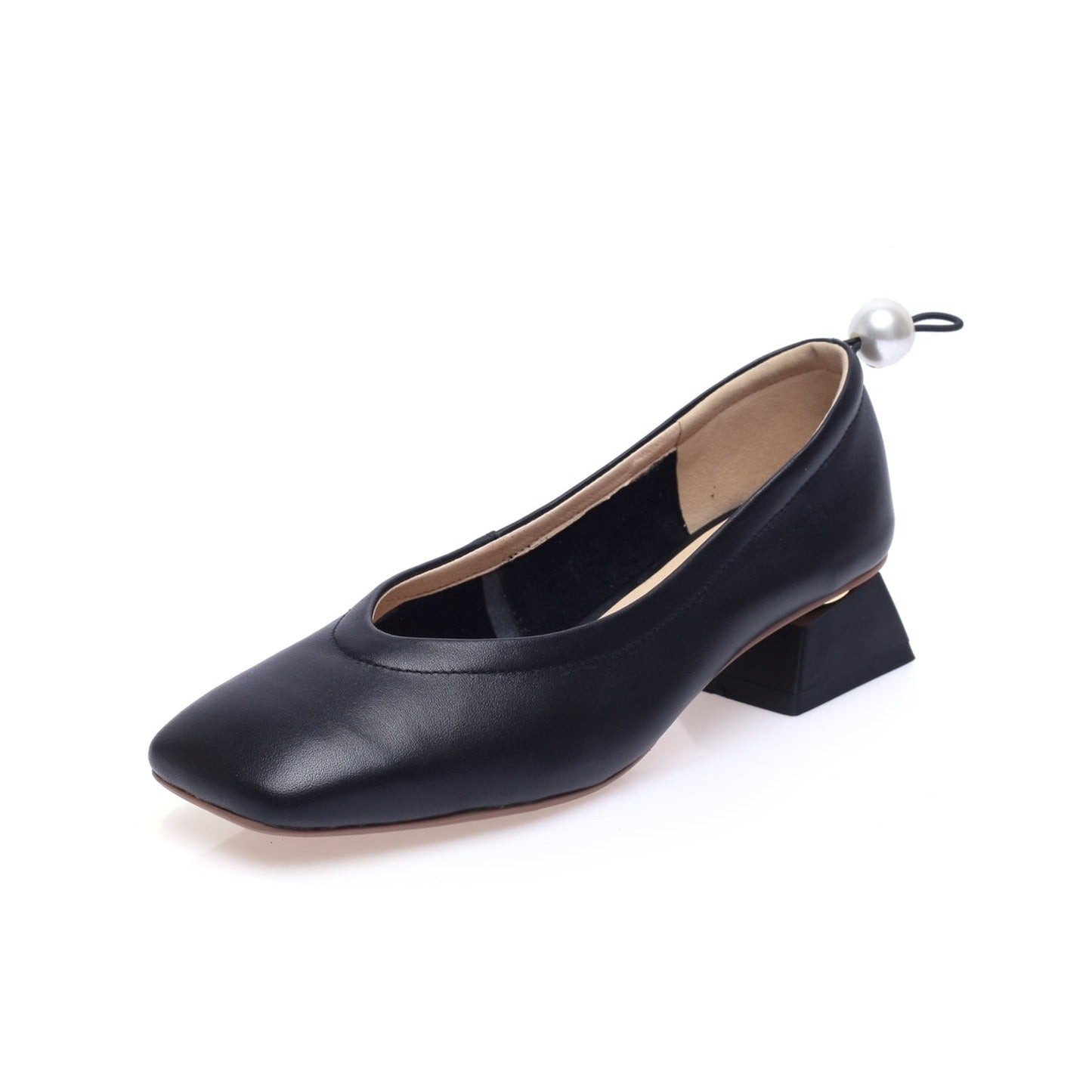 Nine Seven Genuine Leather Women's Handmade Square Toe Low Chunky Heel Slip On Loafer Pump Shoes with Pearl