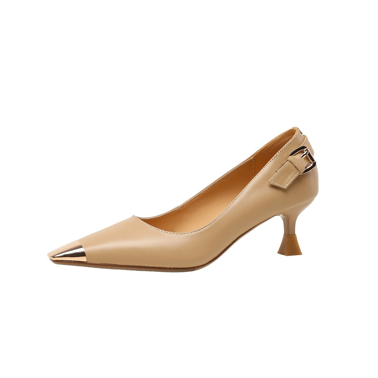 Nine Seven Genuine Leather Women's Handmade Mid Heel Metal Toe Slip On Pumps with Buckle Design