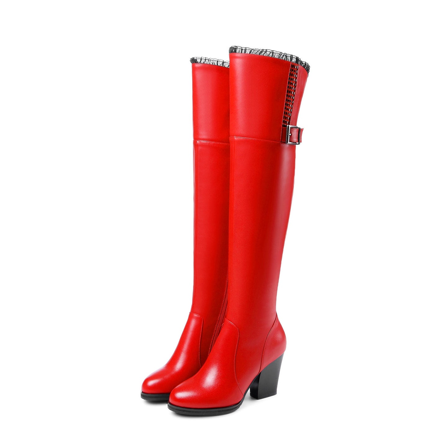 Nine Seven Genuine Leather Women's Handmade Round Toe Side Zip Up High Chunky Heel Over the Knee Boots with Cool Buckle