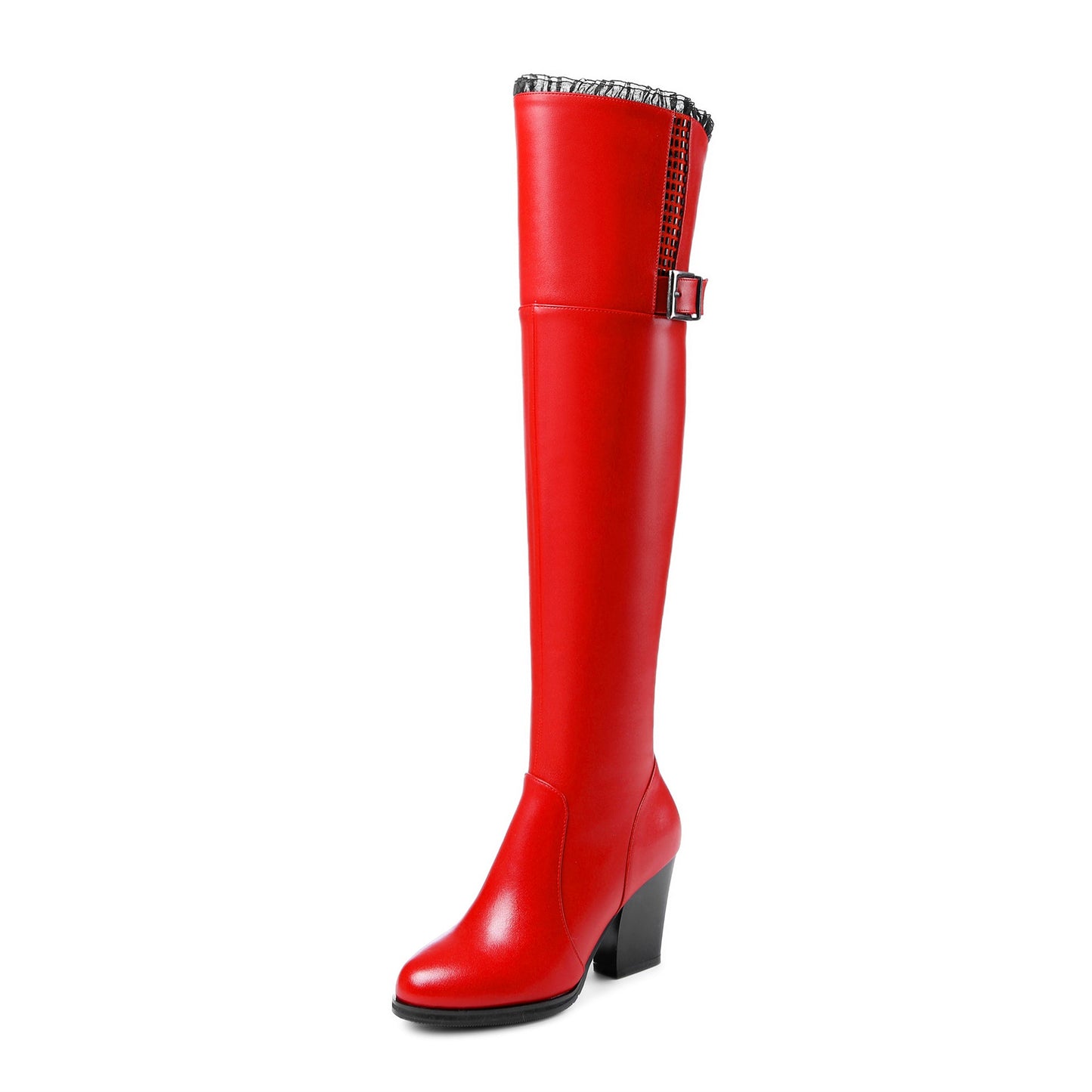 Nine Seven Genuine Leather Women's Handmade Round Toe Side Zip Up High Chunky Heel Over the Knee Boots with Cool Buckle