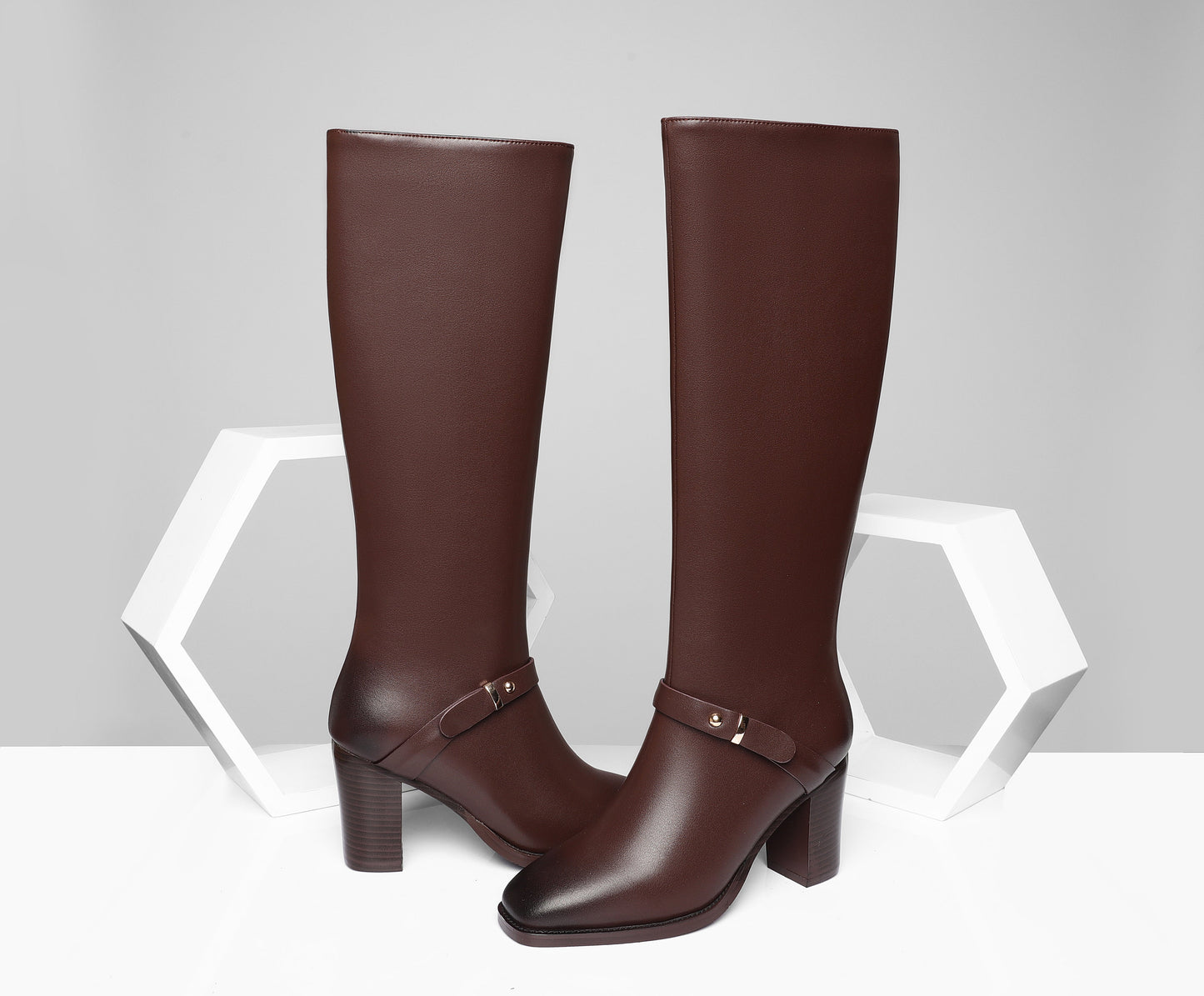 Nine Seven Women's Square Toe Handmade Genuine Leather Side Zip Buckle Mid Chunky Heel Classic Knee High Boots