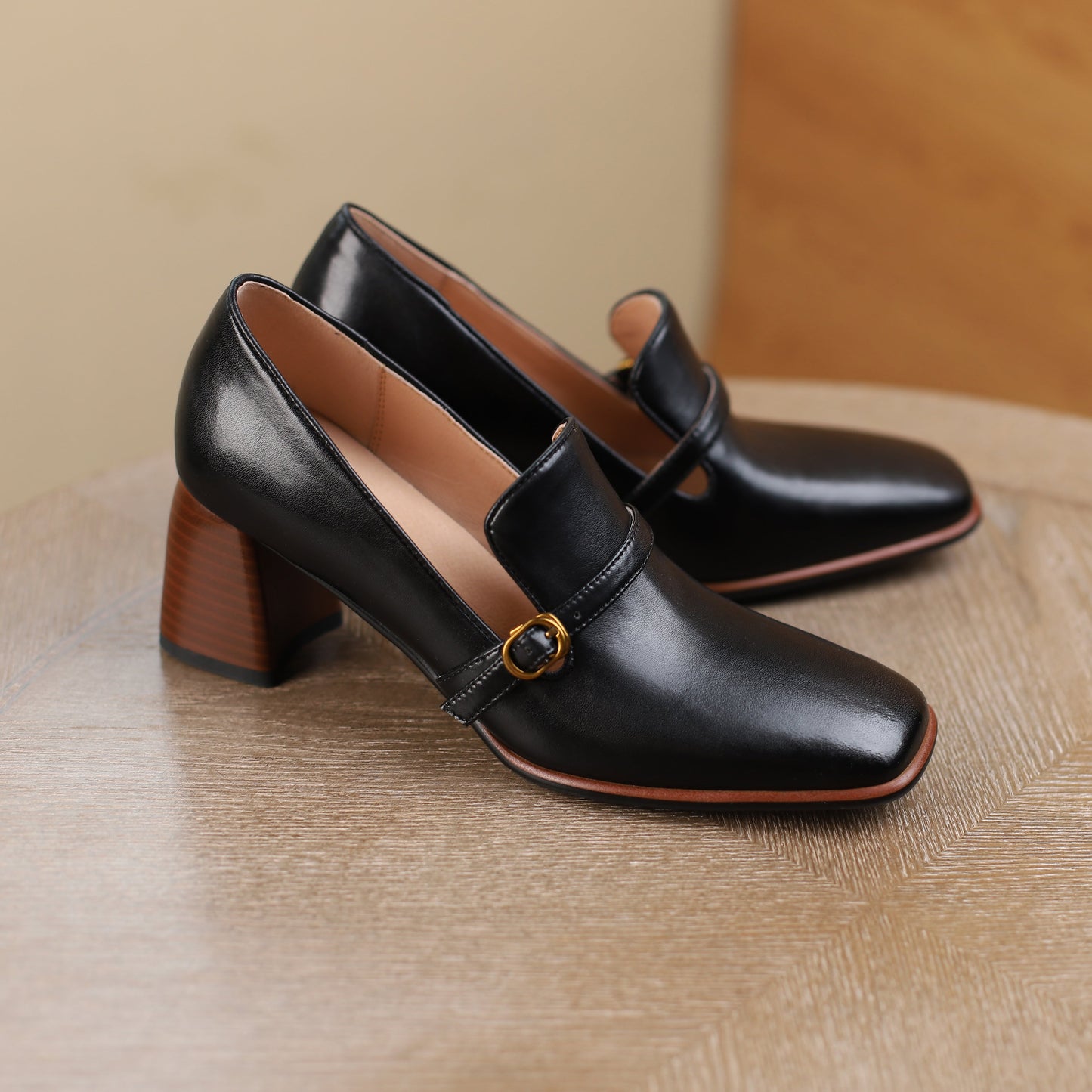 Nine Seven Women's Genuine Leather Square Toe Handmade Buckle Mid Chunky Heels Vintage Pumps Shoes