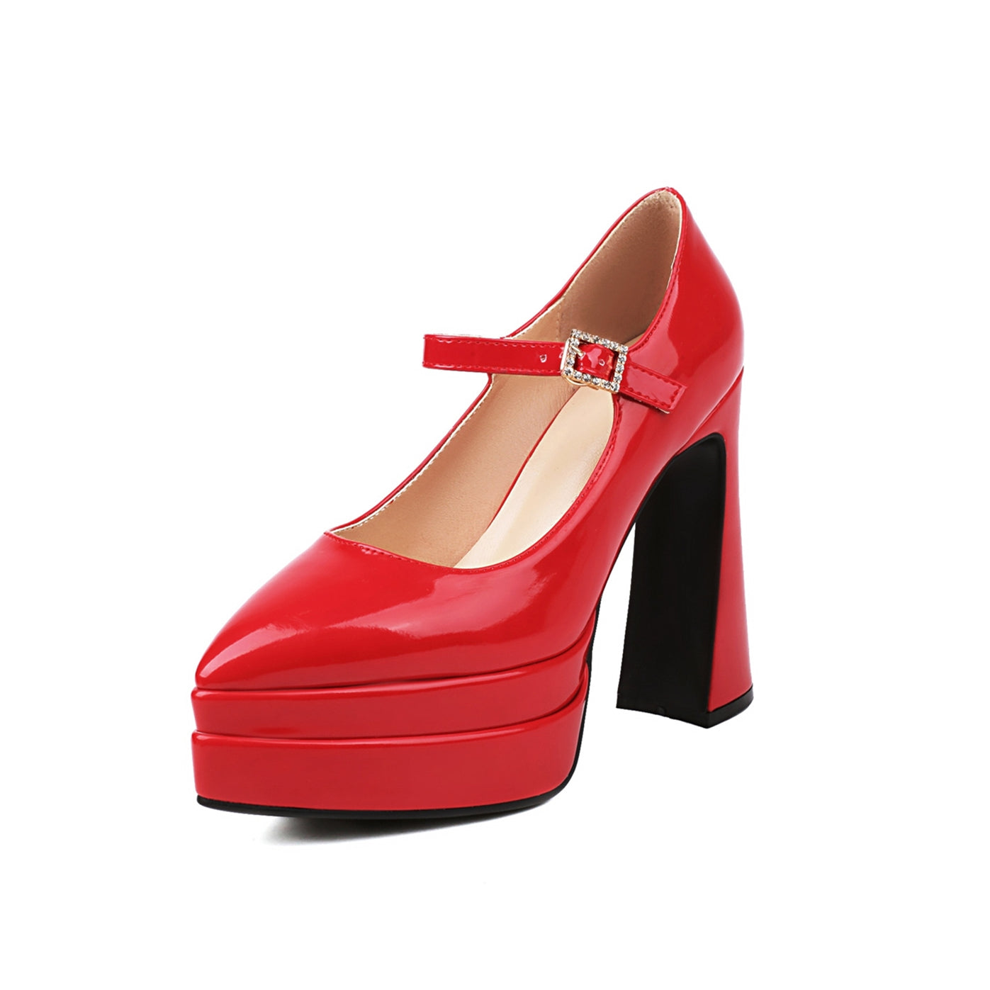 Nine Seven Patent Leather Women's Handmade Glossy High Heel Platform Rhinestone Buckle Mary Jane Wedding Party Pumps Shoes