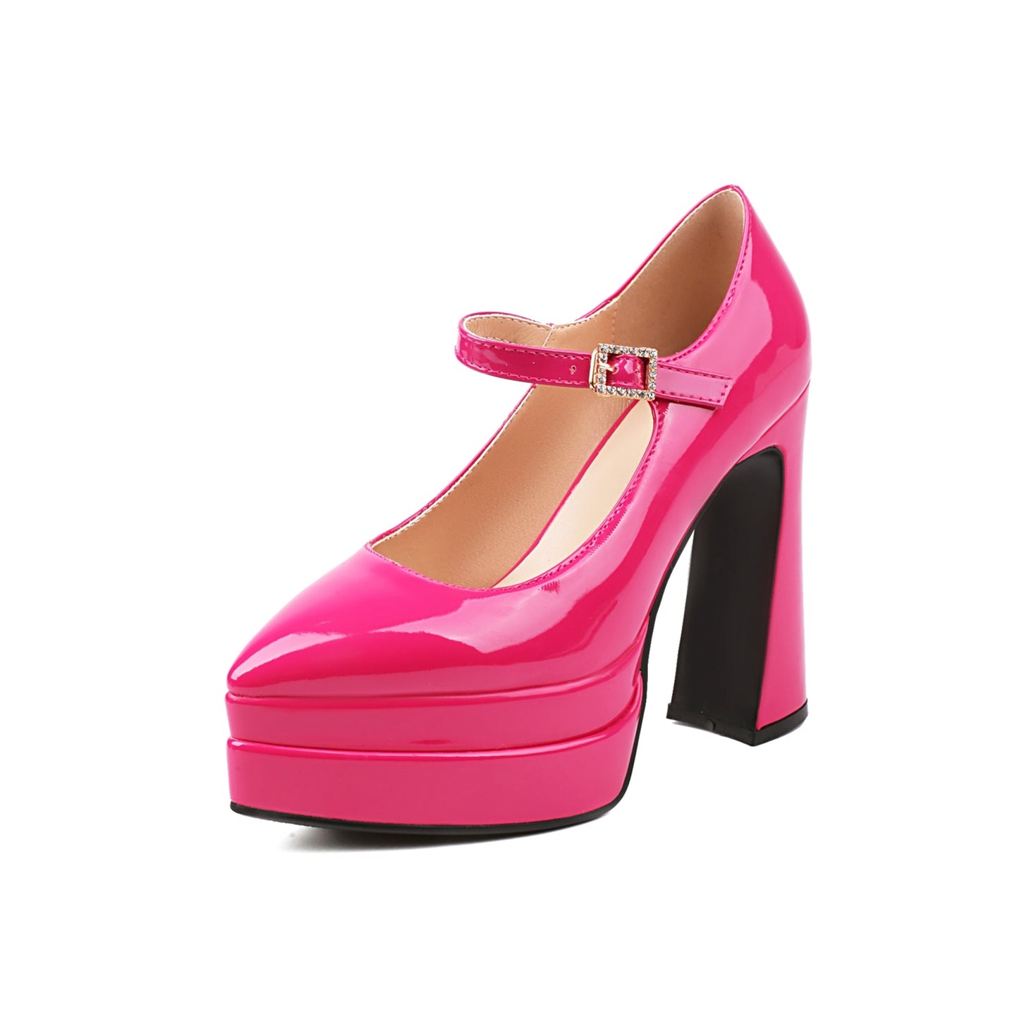 Nine Seven Patent Leather Women's Handmade Glossy High Heel Platform Rhinestone Buckle Mary Jane Wedding Party Pumps Shoes