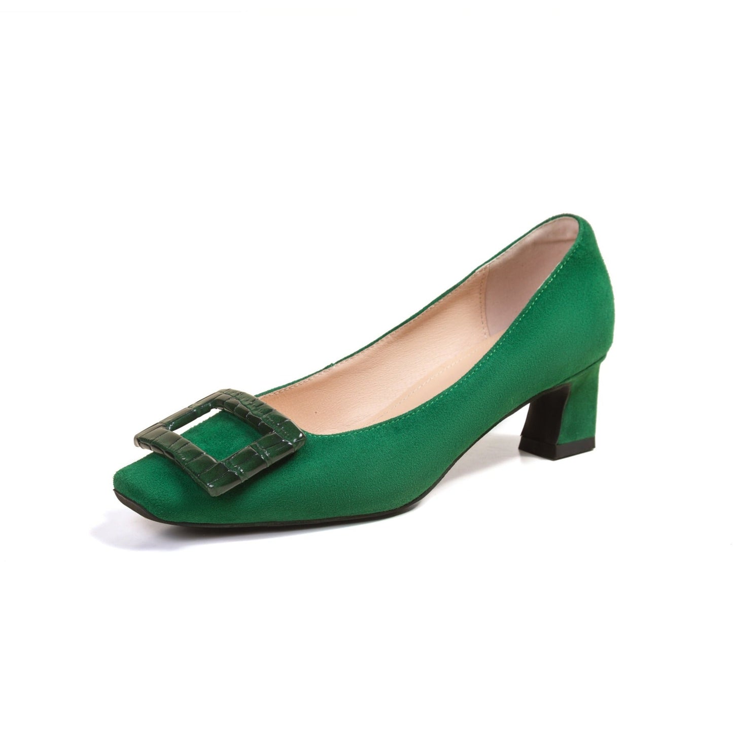 Nine Seven Women's Square Toe Suede Leather Handmade Buckle Low Chunky Heels Chic Pumps Shoes