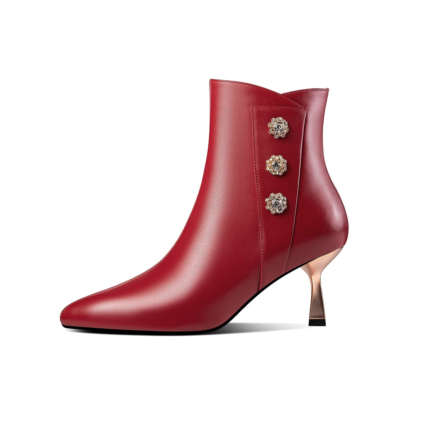 Nine Seven Handmade Women's Genuine Leather Side Zip Up Metal Heel Pointed Toe Ankle Booties with Glitter Flowers