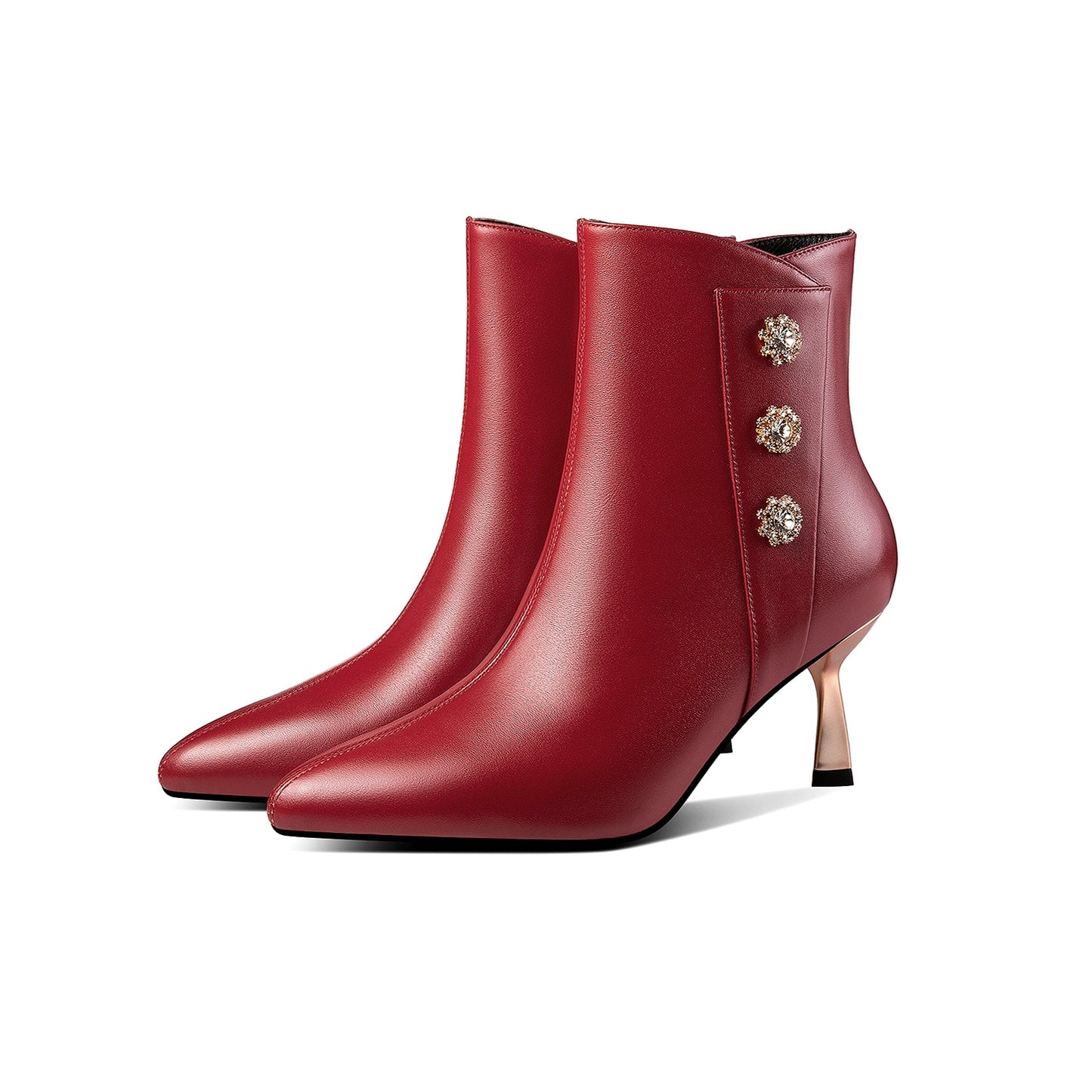 Nine Seven Handmade Women's Genuine Leather Side Zip Up Metal Heel Pointed Toe Ankle Booties with Glitter Flowers