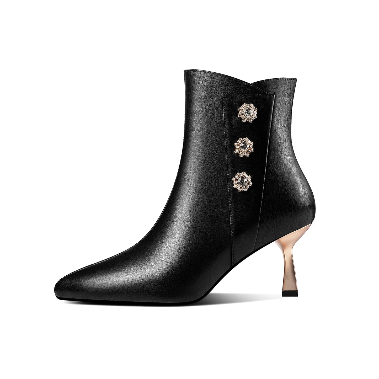 Nine Seven Handmade Women's Genuine Leather Side Zip Up Metal Heel Pointed Toe Ankle Booties with Glitter Flowers