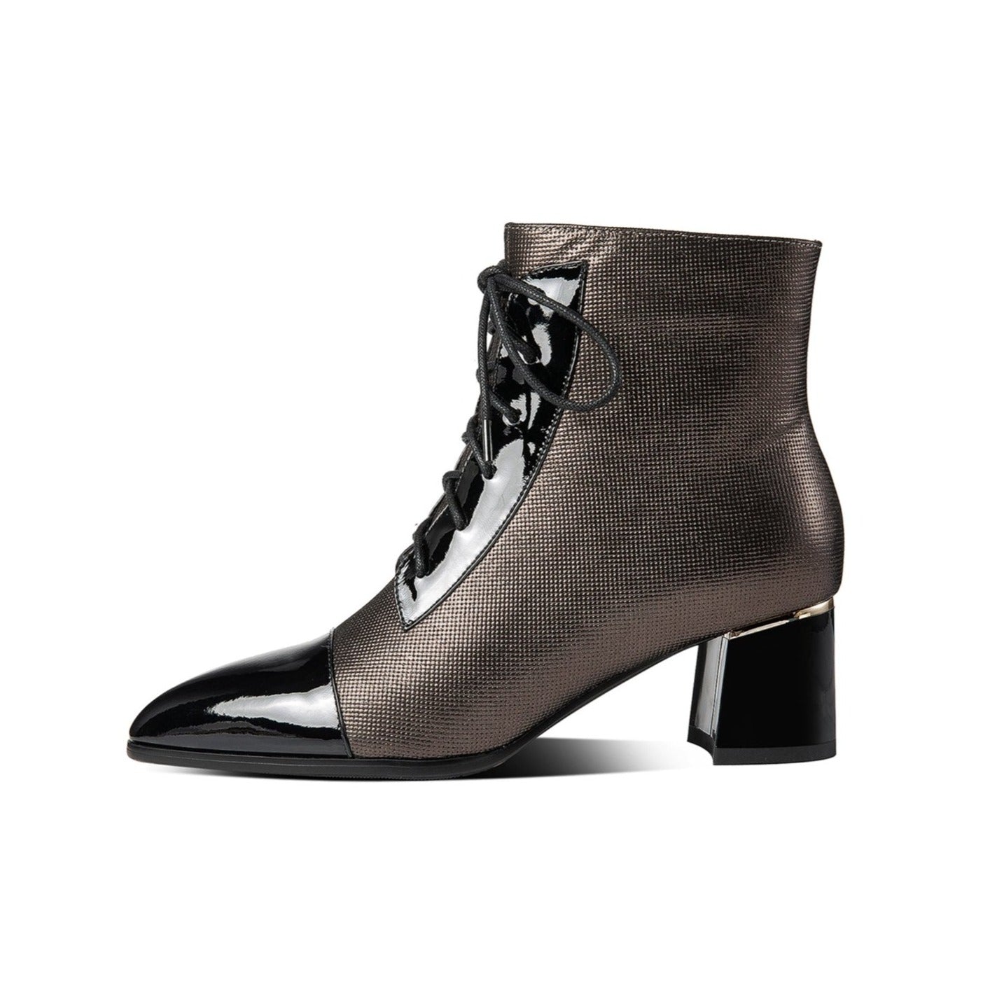 Nine Seven Women's Handmade Patent Genuine Leather Mid Heel Side Zip Up Cap-Toe Ankle Boots with Front Band Design