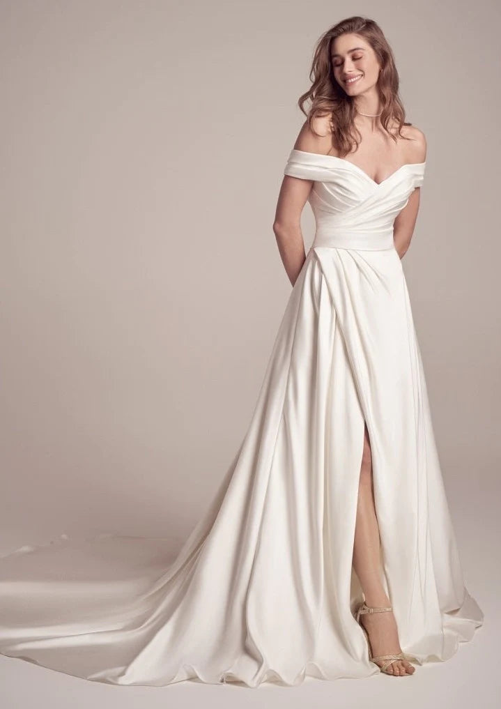 Nine Seven Off Shoulder Pleated Satin Side Slit A-Line Wedding Dress Customization