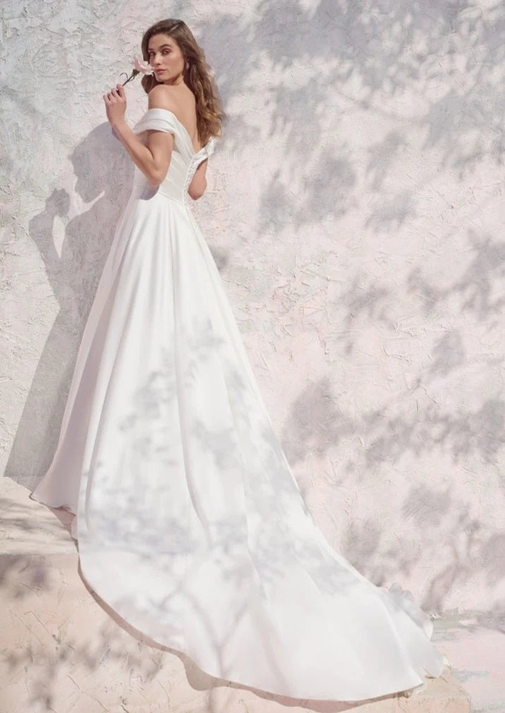 Nine Seven Off Shoulder Pleated Satin Side Slit A-Line Wedding Dress Customization