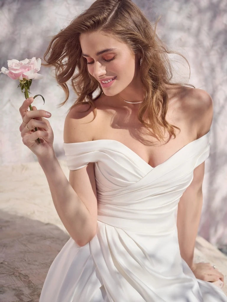 Nine Seven Off Shoulder Pleated Satin Side Slit A-Line Wedding Dress Customization