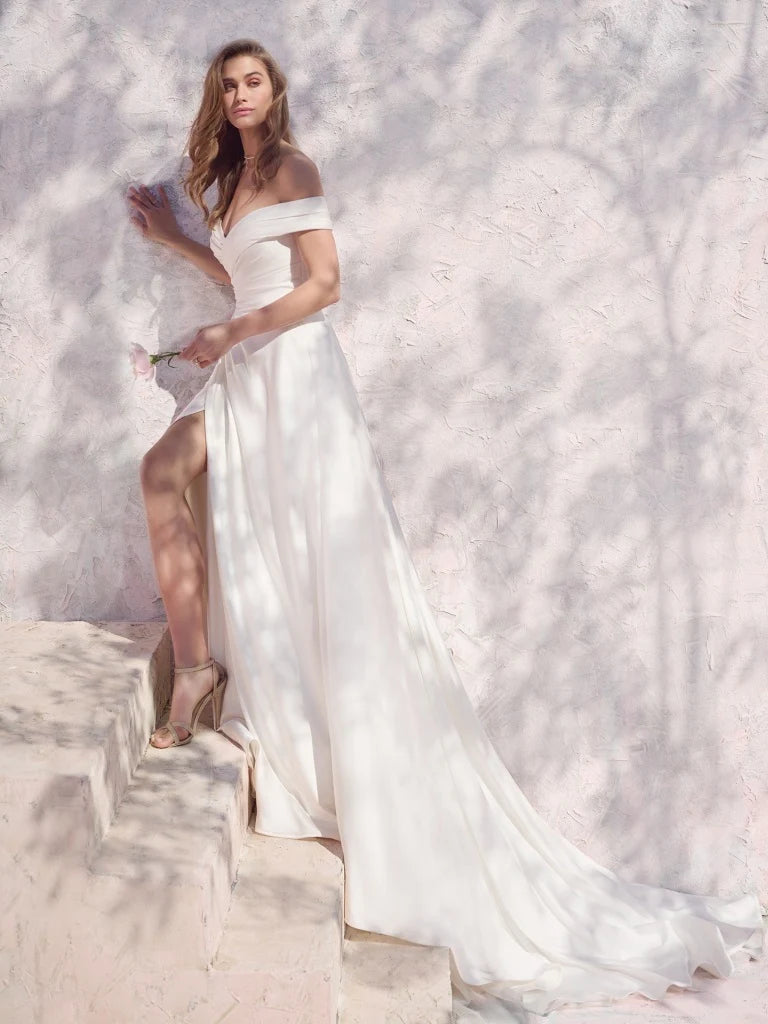 Nine Seven Off Shoulder Pleated Satin Side Slit A-Line Wedding Dress Customization