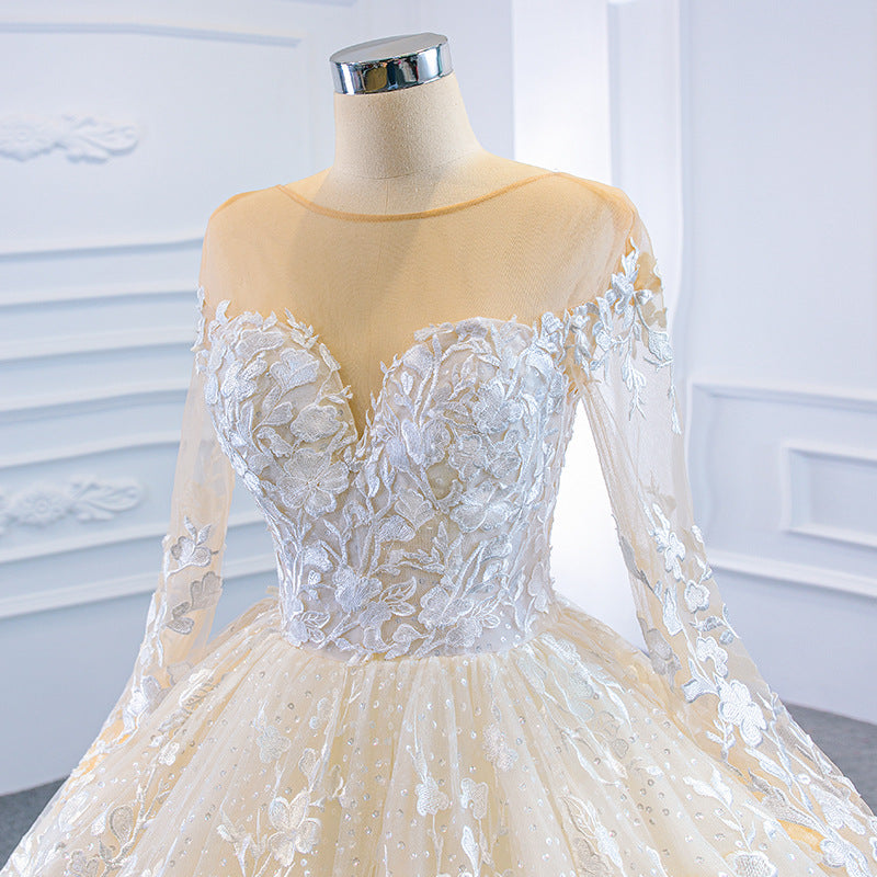 Nine Seven Appliques Sequines Long Sleeves Ball Grown Beige Wedding Dress