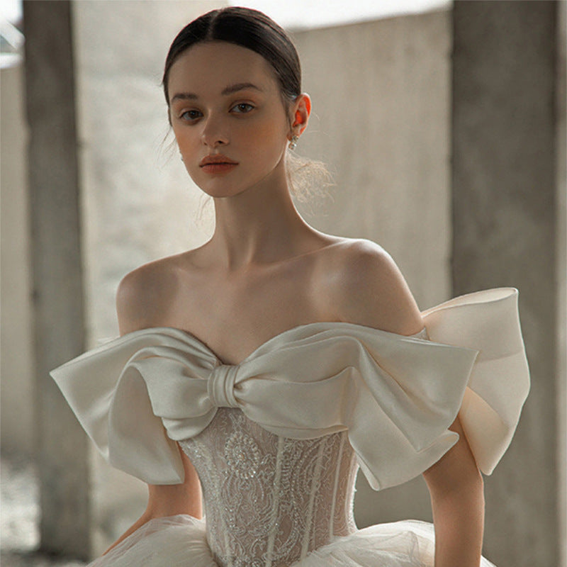 Nine Seven Off Shoulder Bowknot Glitter Sequines Lace Ball Grown Wedding Dress