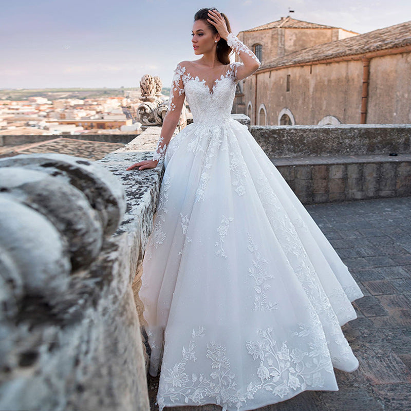 Nine Seven Appliques Long Sleeves Ball Grown Lace Up White Wedding Dress