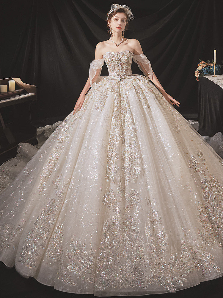Nine Seven Pearls Sequins Off Shoulder Sleeveless Bowknot Decor Court princess Ball Grown Wedding Dress
