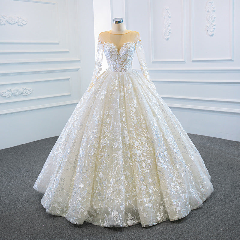 Nine Seven Appliques Sequines Long Sleeves Ball Grown Beige Wedding Dress
