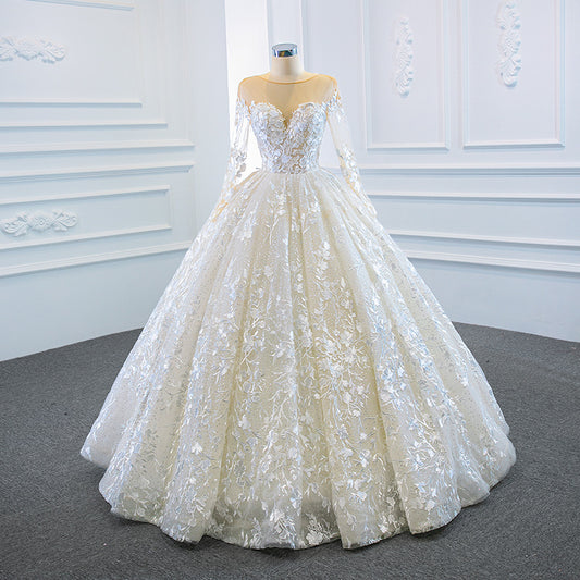 Nine Seven Appliques Sequines Long Sleeves Ball Grown Beige Wedding Dress