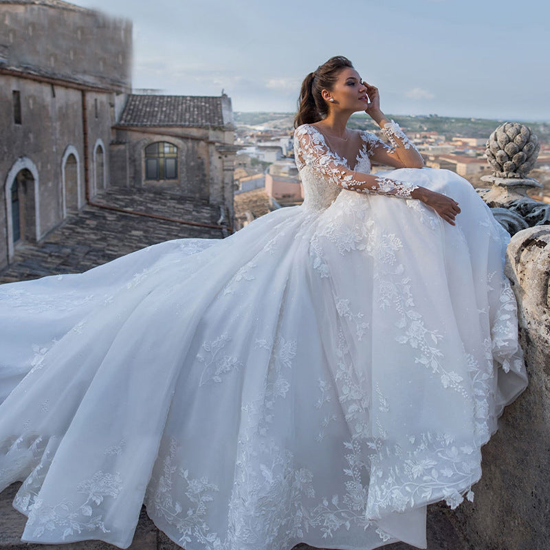 Nine Seven Appliques Long Sleeves Ball Grown Lace Up White Wedding Dress
