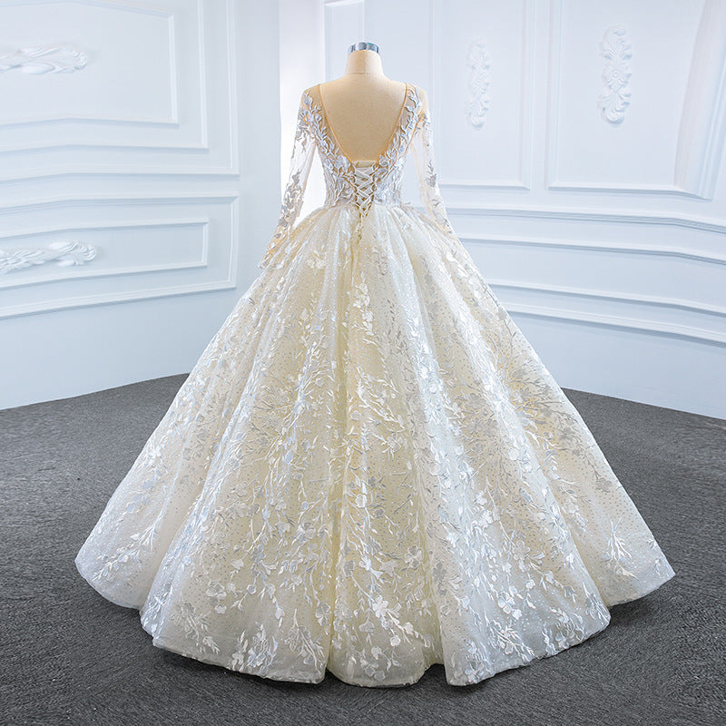 Nine Seven Appliques Sequines Long Sleeves Ball Grown Beige Wedding Dress