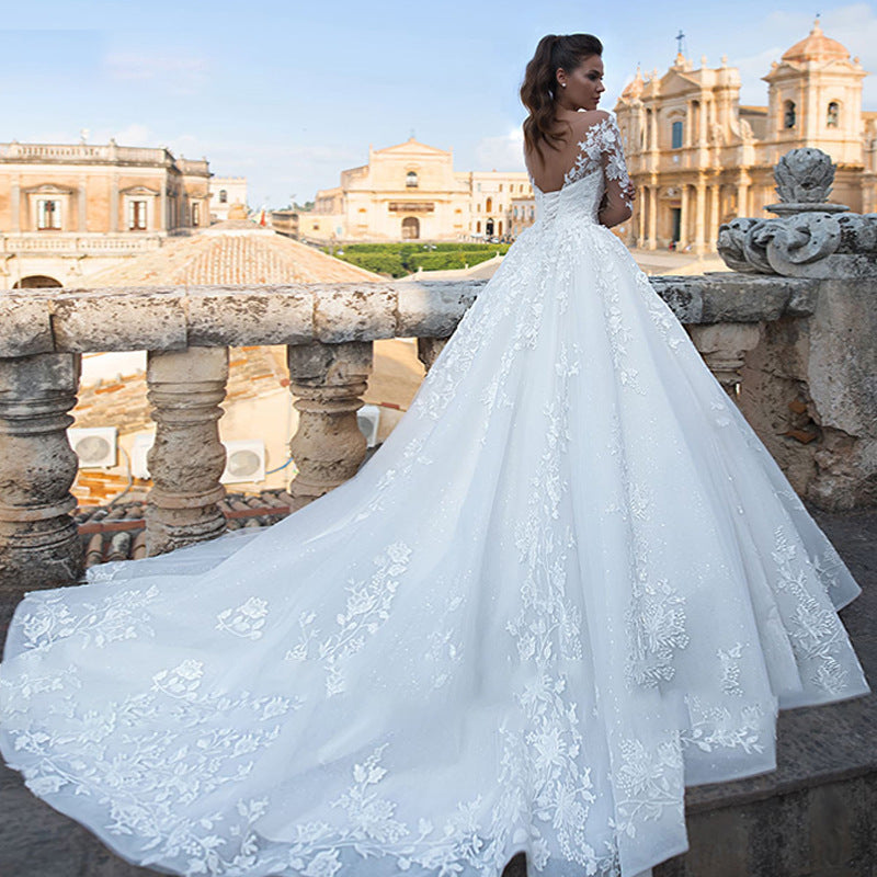 Nine Seven Appliques Long Sleeves Ball Grown Lace Up White Wedding Dress