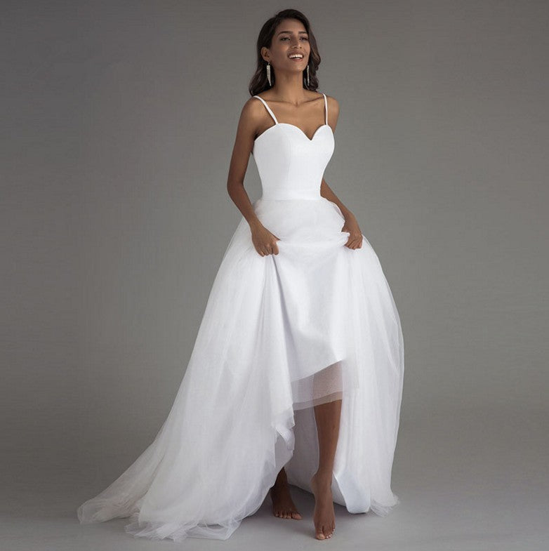 Nine Seven Spaghetti Strap Zip Up Sleeveless Bridal A-Line Minimalist Style White Wedding Dress