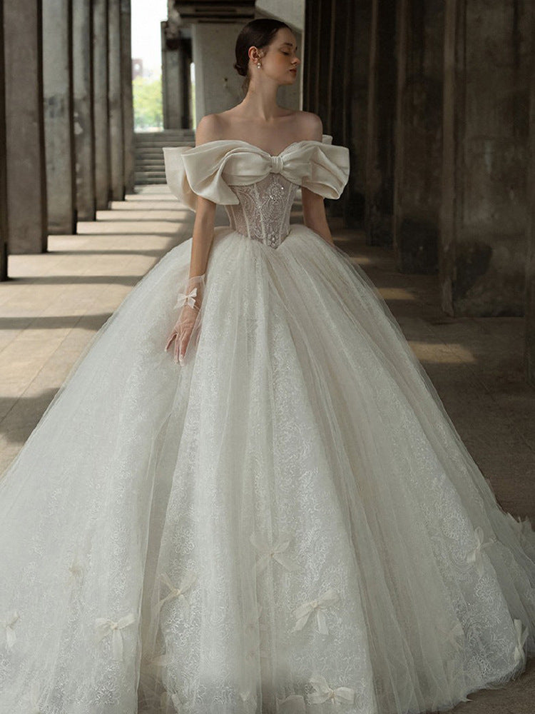 Nine Seven Off Shoulder Bowknot Glitter Sequines Lace Ball Grown Wedding Dress