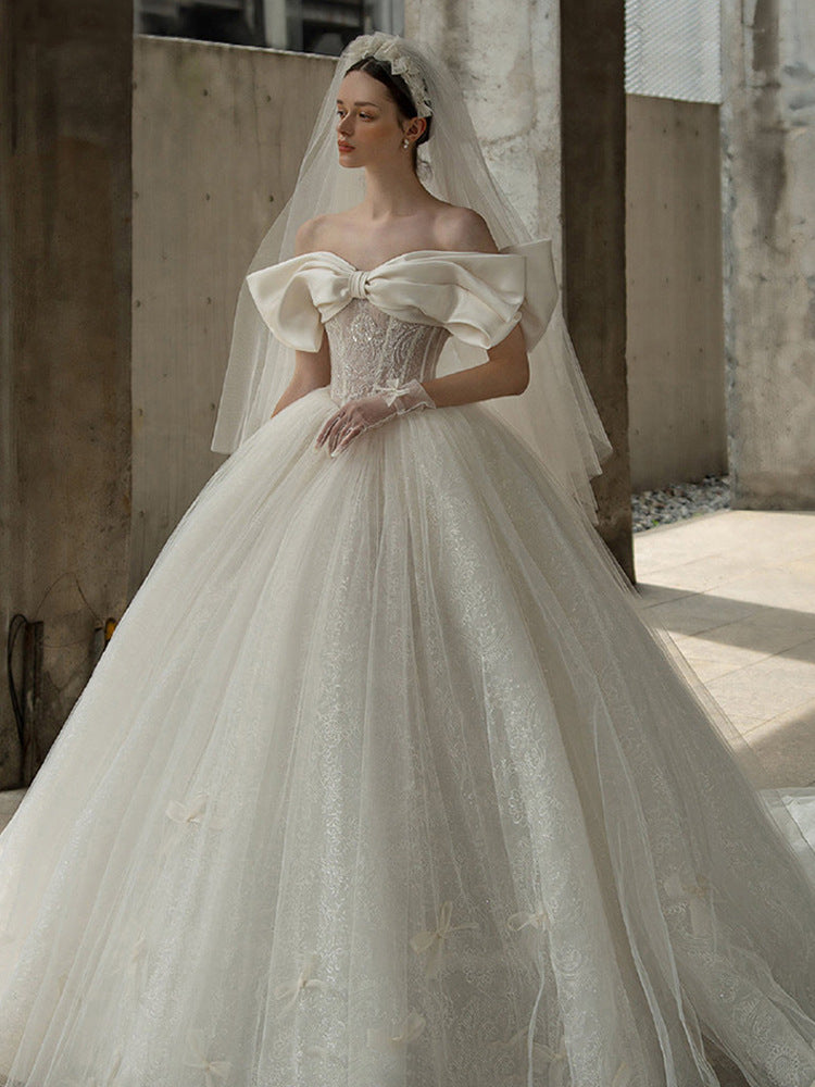 Nine Seven Off Shoulder Bowknot Glitter Sequines Lace Ball Grown Wedding Dress