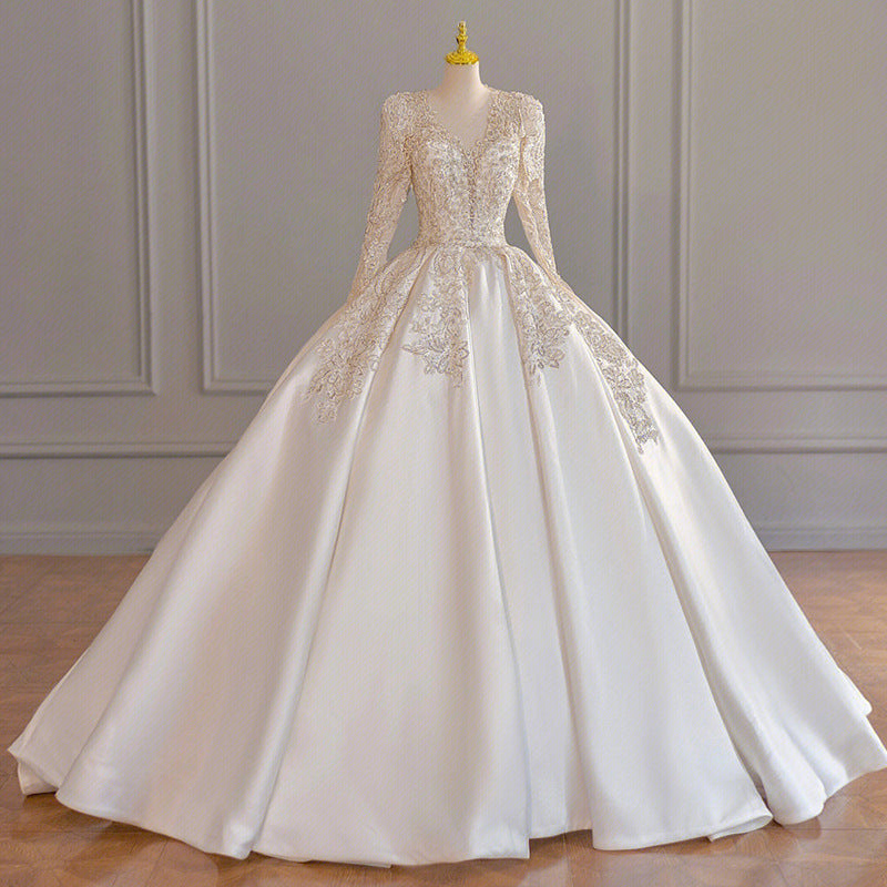 Nine Seven Crystal Sequins Long Sleeve Ball Grown Elegant Wedding Dress