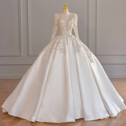 Nine Seven Crystal Sequins Long Sleeve Ball Grown Elegant Wedding Dress