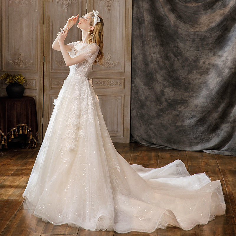 Nine Seven Pearl Appliques Sequins Short Sleeve Chapel Train A-Line Wedding Dress