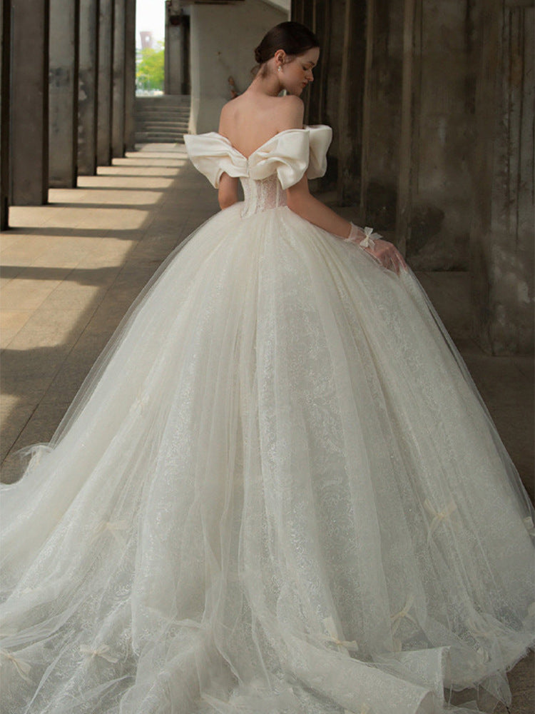 Nine Seven Off Shoulder Bowknot Glitter Sequines Lace Ball Grown Wedding Dress