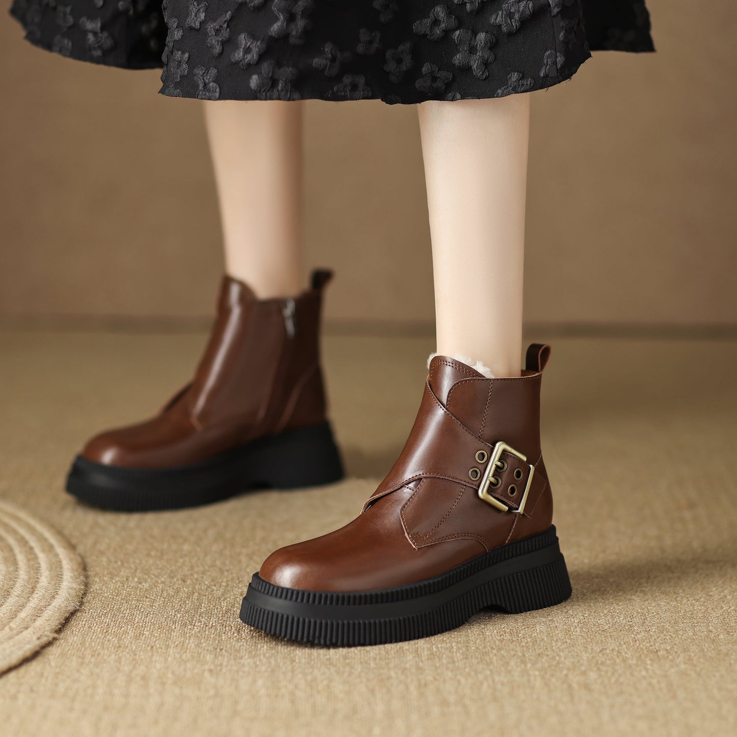 Nine Seven Handmade Women's Genuine Leather Side Zip Buckle Round Toe Low Block Heel Platform Boots
