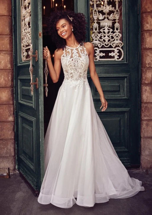 Nine Seven Lace Appiques Jewel Neck Button A-Line Wedding Dress Customization