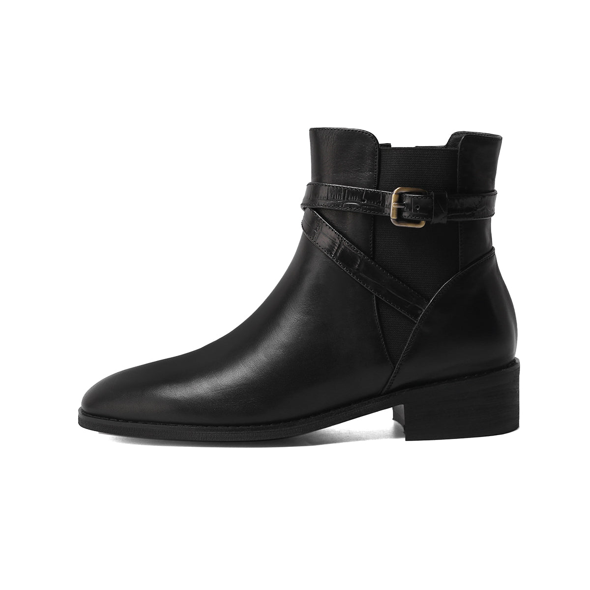 Nine Seven Women's Genuine Leather Round Toe Handmade Zipper Low Chunky Heels Retro Ankle Boots with Buckle