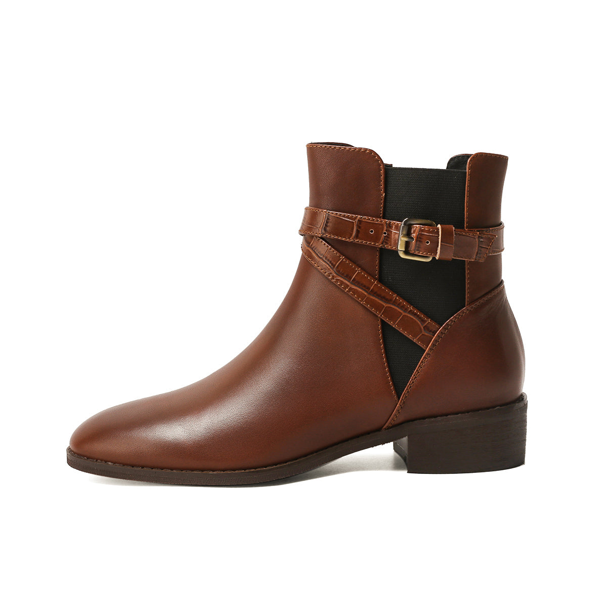 Nine Seven Women's Genuine Leather Round Toe Handmade Zipper Low Chunky Heels Retro Ankle Boots with Buckle