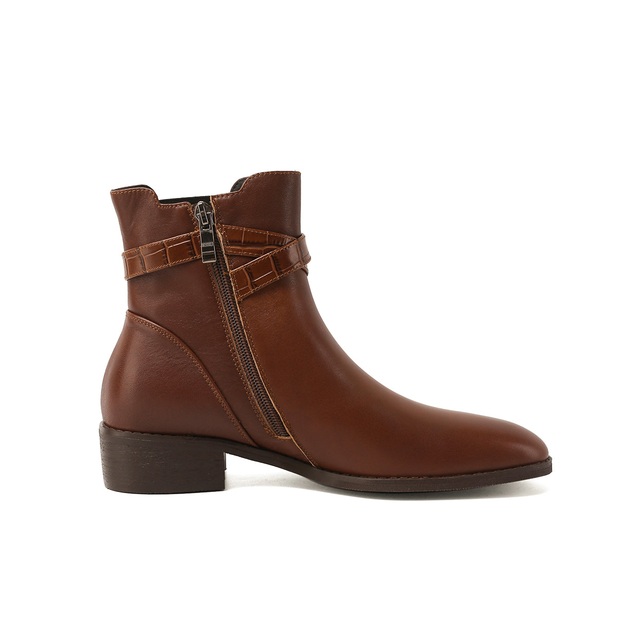 Nine Seven Women's Genuine Leather Round Toe Handmade Zipper Low Chunky Heels Retro Ankle Boots with Buckle