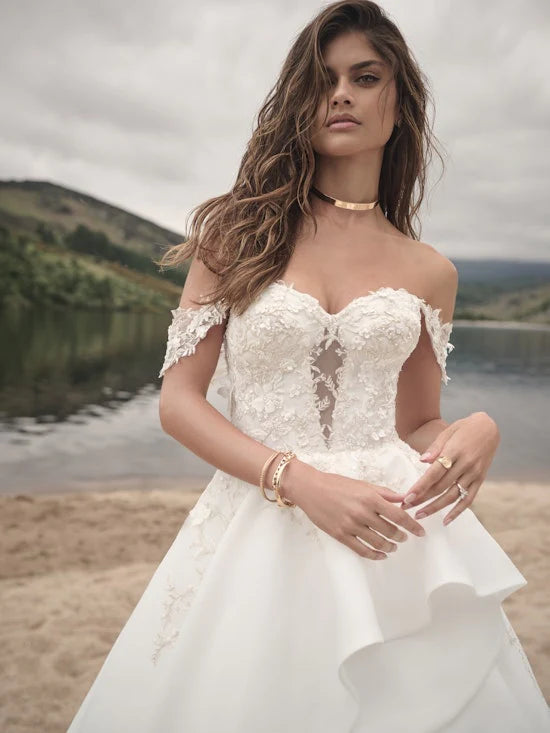 Nine Seven Off Shoulder Appliques Draped Ruffle A-Line Wedding Dress Customization