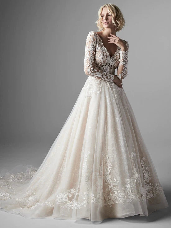 Nine Seven 3D Flowers Plug V-Neck Long Sleeves Scoop Back A-Line Black Wedding Dress Customization
